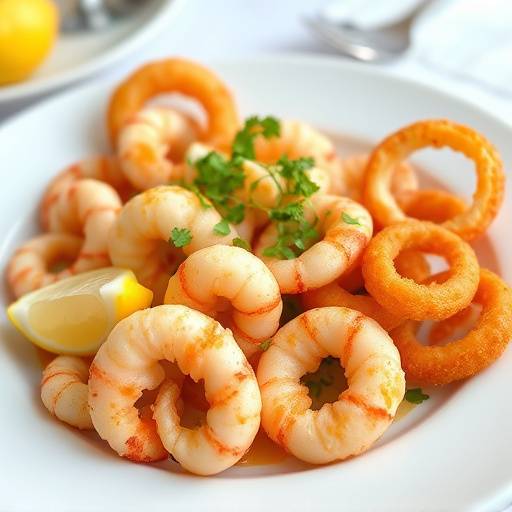 Calamares a la Romana: Anillos de calamar rebozados y fritos hasta quedar dorados y crujientes. Servidos con lim&oacute;n.