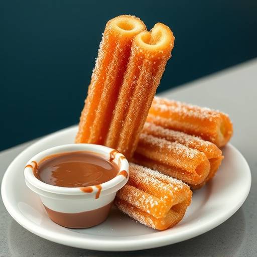 Churros con Chocolate: Churros fritos servidos con una taza de chocolate caliente espeso para mojar.
