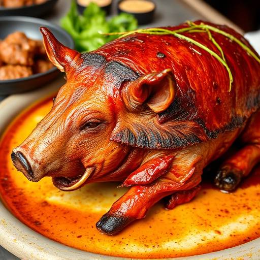 Cochinillo Asado: Cochinillo lechal asado lentamente hasta que la piel quede crujiente y la carne tierna y jugosa.