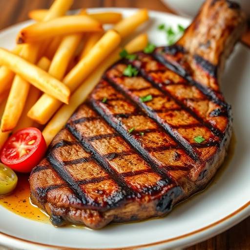 Entrecot a la Parrilla: Entrecot de ternera a la parrilla servido con guarnici&oacute;n de verduras a la plancha y patatas fritas.