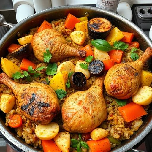 Paella tradicional valenciana servida en una paellera, con arroz, pollo, conejo y verduras.