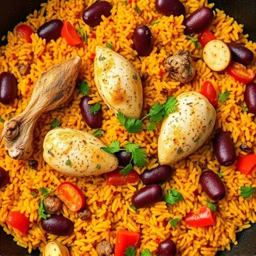 Paella Valenciana: Arroz bomba cocido con pollo, conejo, jud&iacute;as verdes, garrof&oacute; y azafr&aacute;n.