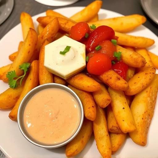 Patatas Bravas: Patatas cortadas en dados, fritas y cubiertas con salsa brava picante y alioli.