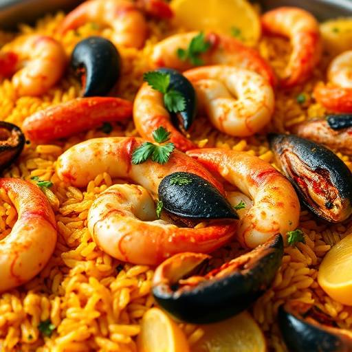 Primer plano de una paella valenciana tradicional, adornada con mariscos frescos y arroz dorado.