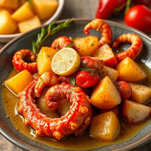 Pulpo a la Gallega: Pulpo cocido servido sobre una cama de patatas y espolvoreado con piment&oacute;n dulce y un chorrito de aceite de oliva virgen extra.