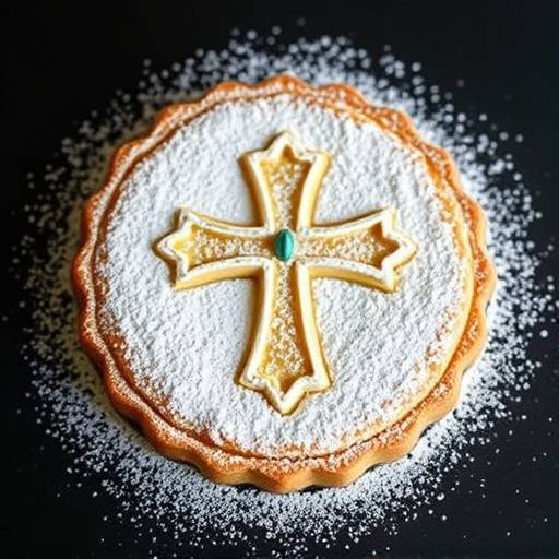 Tarta de Santiago: Tarta de almendras tradicional de Galicia, espolvoreada con az&uuml;car glas y decorada con la cruz de Santiago.