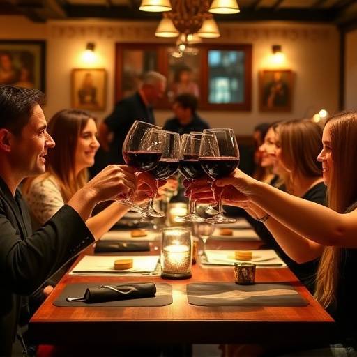 Un grupo de amigos brindando con copas de vino tinto en El Rinc&oacute;n Ib&eacute;rico.
