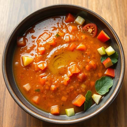 Un vaso refrescante de gazpacho andaluz, adornado con verduras picadas y un chorrito de aceite de oliva.